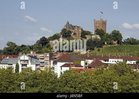 Allemagne, Rhénanie-Palatinat, Bingen sur le Rhin, vue sur la ville, la démolition du château, ville, maisons, maisons d'habitation, bâtiments, vignoble, hill, château, parc du château, la structure, l'architecture, la place d'intérêt, destination, tourisme, Banque D'Images