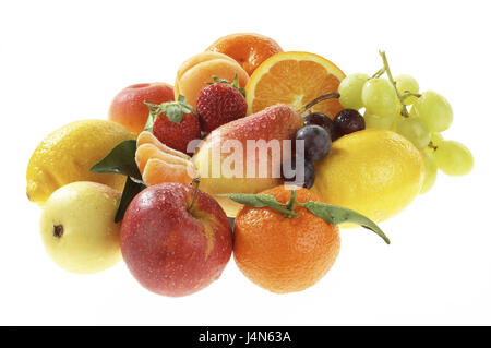 Fruits, sortes, différentes, fruits, fruits tropicaux, oranges, poires, pommes, raisins, raisins, fruits sortes, choix, variété, sains, riches en vitamines, multivitamine, nourriture, Frei's plate, Banque D'Images