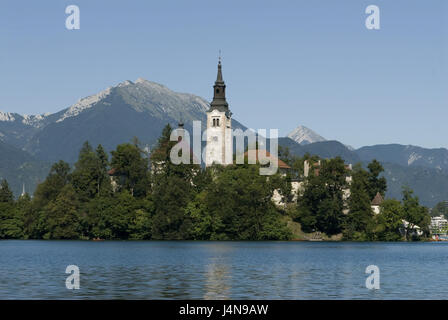 La Slovénie, Bled, l'église de Marien, lac, Veldeser Banque D'Images