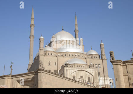 Egypte, Le Caire, mosquée de Mohammed Ali, à l'extérieur, mosquée d'albâtre, mosquée, minarets, dômes, la foi, la religion, l'Islam, priez, ciel, bleu, personne, Banque D'Images