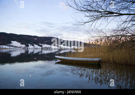 L'Autriche, chambre de sel fou, lac, bateau de pêche, reed, hiver, paysage de montagne, le lac, les eaux, l'herbe, au bord du lac, bateau, couverts, winterproof, saison, sortie, personne, Banque D'Images