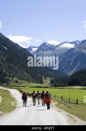 L'Autriche, Pays de Salzbourg, Krimmler Achental, route forestière, Wanderer, vue de dos, Pinzgau, paysage de montagnes, montagnes, rue, Kiesstrasse, une personne, un groupe de voyage, randonnée, loisirs, vacances, vacances, voyage, l'activité de l'été, marcher, Banque D'Images