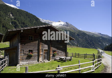 L'Autriche, Pays de Salzbourg, Krimmler Achental, Mühleggalm, été, Pinzgau, paysage de montagne, l'Alp, alpine hut, aciéries, maison de bois, destination, rurale, terreux, route forestière, personne, Wanderer, Hochgebirge, Banque D'Images