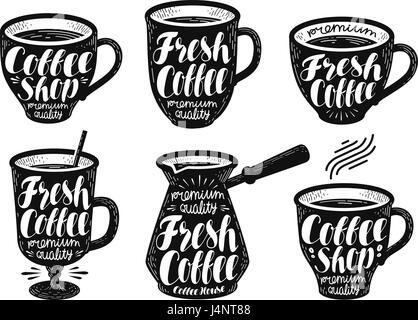 Café frais, jeu d'étiquettes. Tasse à espresso, boisson chaude, icône ou logo. Lettres manuscrites vector illustration Illustration de Vecteur