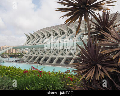 Une architecture Calatrava Prince Filipe Science Museum Cultural Centre Cité des Arts et des sciences avec des plantes en premier plan Valencia Espagne Banque D'Images