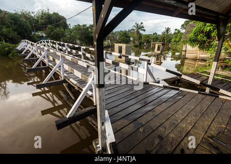 Pont d'ironwood construit pour résister à l'épreuve du temps enjambant une rivière à Bornéo tropical avec des toilettes flottantes, d'arbres tropicaux et de la nature au village Dayak Banque D'Images