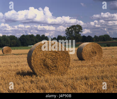 Moment de la récolte, le champ, le ballot de paille, agriculture, paysage, nature, champ, récolte, la récolte, la fin de l'été, balle ronde, paille, balle, champ de chaumes, Ciel, nuages, ciel nuageux, Banque D'Images