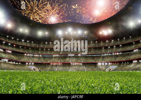 Stade de football, terrain, la position de spectateur, Fireworks, l'éclairage, Banque D'Images