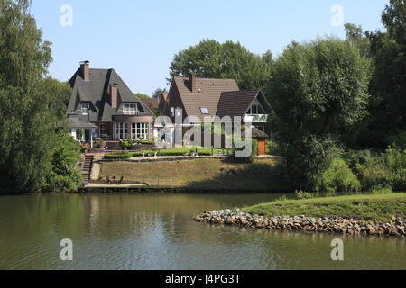 Allemagne, Meppen, vallée du lièvre, de l'Ems, Basse-Saxe, estuaire, la haine de la bouche, le lièvre s'écoule dans le canal de Dortmund Ems, maisons d'habitation, Banque D'Images