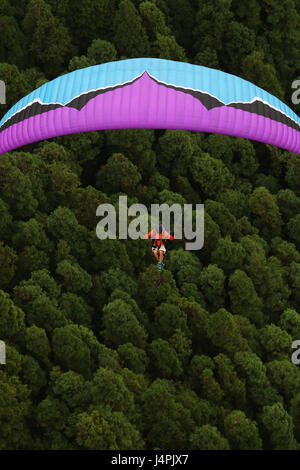 Un parachute pilote aux commandes pendant le 22e Festival de parapente Açores près de Furnas à São Miguel, Açores, Portugal. Banque D'Images