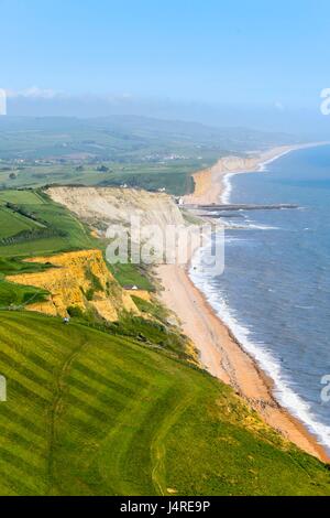 Bridport, Dorset, UK. 14 mai 2017. Météo britannique. Voir à l'Est, vers la baie de l'ouest de la falaise haut de Thorncombe Beacon près de Bridport Eype ci-dessus dans le Dorset sur un warmy après-midi ensoleillé. Crédit photo : Graham Hunt/Alamy Live News Banque D'Images