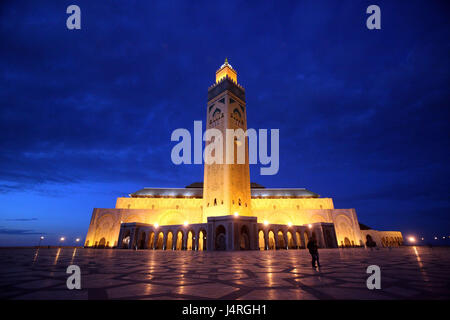 Maroc, Casablanca, ville, mosquée, minaret, mosquée HASSAN 2, l'éclairage, le soir, Banque D'Images