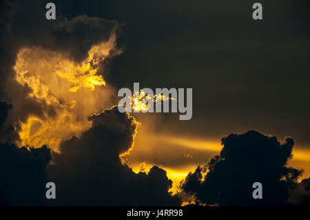 Coucher du soleil doré pendant un orage pluie montrant l'éjection des nuages Banque D'Images