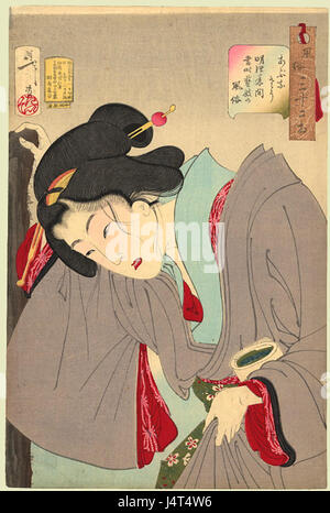 Tsukioka Yoshitoshi ressemblant à une situation dangereuse, l'apparence d'une geisha contemporaine de l'ère Meiji Banque D'Images