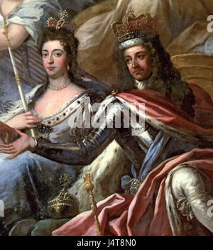 Cette image, intitulée « William et Mary Cropped », représente un portrait du roi Guillaume III et de la reine Marie II. La peinture montre une section rognée du couple royal, offrant une vue rapprochée de leur ressemblance et de leur tenue royale. Banque D'Images