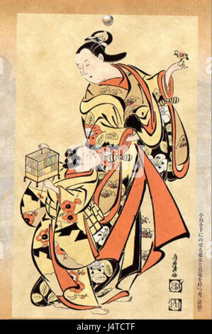 Cette illustration de calendrier ukiyo-e de novembre 2010 montre une scène avec une femme tenant un petit oiseau dans une main et une cage à oiseaux dans l'autre, mettant en vedette le traditionnel japonais Banque D'Images