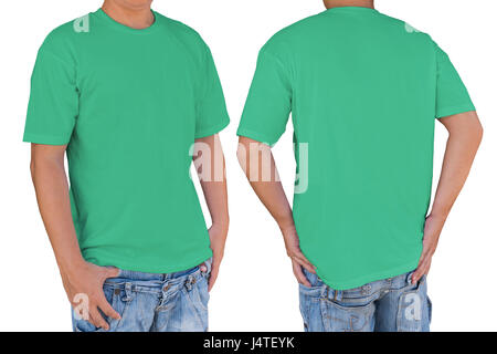 Homme portant un océan blanc T-shirt vert avec chemin de détourage, vues avant et arrière. Modèle pour insérer un logo, motif, ou des œuvres d'art. Banque D'Images