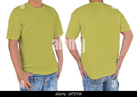 Homme portant la couleur vert olive vierge t-shirt with clipping path, vues avant et arrière. Modèle pour insérer un logo, motif, ou des œuvres d'art. Banque D'Images