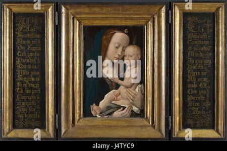 Le tableau Vierge à l'enfant est attribué à un disciple de Hugo van der Goes, un peintre flamand connu pour ses représentations religieuses. Cette œuvre reflète le style de l'artiste et les thèmes religieux de l'époque. Banque D'Images