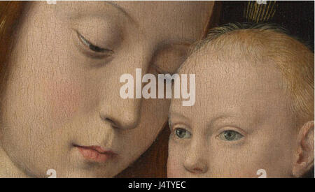Cette œuvre, attribuée à un disciple de Hugo van der Goes, représente la Vierge à l'enfant. La composition détaillée se concentre sur des thèmes religieux, mettant en évidence les figures de la Vierge à l'enfant dans un contexte serein et dévotionnel. Banque D'Images