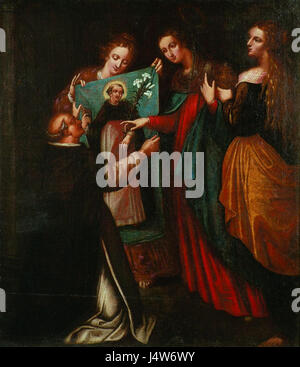 Cette œuvre représente la vénération de Saint Albertus Siculus, érudit et philosophe sicilien vénéré du XIIIe siècle. Il souligne son importance spirituelle et ses contributions à la théologie et à la philosophie dans l'Europe médiévale. Banque D'Images