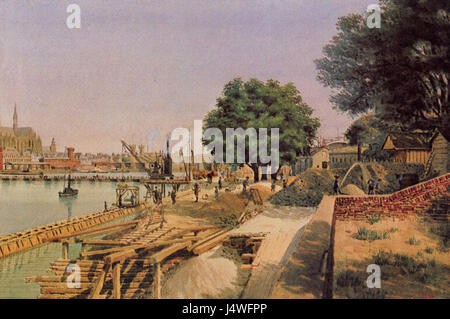 Cette image historique de Wilhelm Scheiner illustre la construction d'installations ferroviaires le long de la Deutzer Ufer en Allemagne, mettant en évidence le développement industriel de la région. Banque D'Images