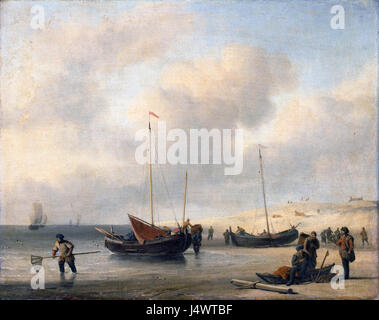 'Vissersschepen aan het Strand' de Willem van de Velde II représente des bateaux de pêche sur la plage, capturant la vie quotidienne des pêcheurs au XVIIe siècle, avec une attention particulière aux détails dans la mer et les navires. Banque D'Images