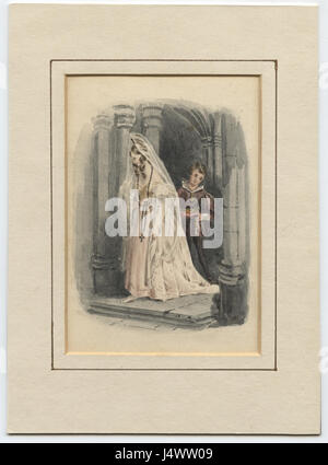Cette peinture à l'aquarelle miniature, intitulée « la mariée » ou « Dame en blanc », fait partie de la collection Wittig. Il représente une femme dans une robe de mariée, capturant la beauté délicate d'un sujet historique à petite échelle. Banque D'Images