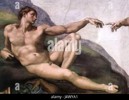 'La création d'Adam', peint par Michel-Ange sur le plafond de la Chapelle Sixtine, représente le moment biblique où Dieu donne vie à Adam, une scène clé dans Christian entière Banque D'Images
