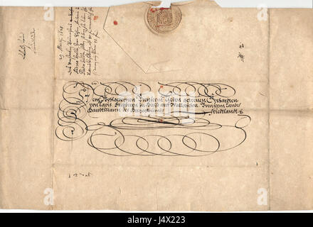 Ce titre fait référence à un document historique, probablement une lettre ou une correspondance officielle liée à Wallenstein, un personnage clé de la guerre de trente ans. Il comprend un sceau (Siegel) associé à lui, reflétant l'importance de cette correspondance pendant la période. Banque D'Images