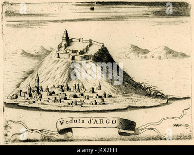 'Veduta d'Argos' est une carte ou une vue créée par Vincenzo Coronelli en 1688. Coronelli, cartographe et géographe italien, était connu pour ses représentations détaillées et précises des villes et des paysages. Cette œuvre représente Argos, une ville antique de Grèce, mettant en valeur sa topographie et ses monuments importants à la fin du XVIIe siècle. Banque D'Images