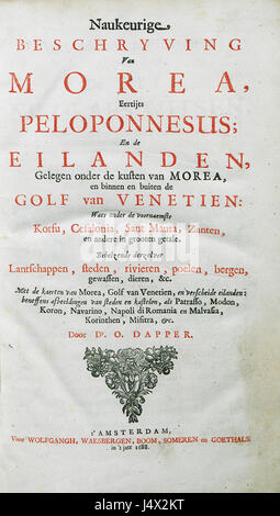 La page de titre de l'œuvre de *Olfert Dapper* de 1688 présente un dessin détaillé et une gravure typique de l'édition néerlandaise du XVIIe siècle. Le livre de Dapper explore des sujets géographiques, culturels et historiques, contribuant à l'érudition européenne moderne. Banque D'Images