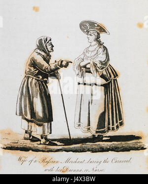 Cette œuvre d'Edward Daniel Clarke de 1810 représente une scène de l'épouse d'un marchand russe pendant le carnaval, accompagnée de son duenna ou infirmière. La peinture illustre les coutumes sociales et les vêtements de l'époque. Banque D'Images