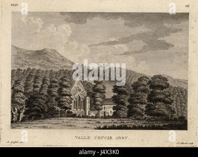Cette gravure de l'abbaye de Valle Crucis capture la beauté architecturale et l'importance historique de l'abbaye galloise. L'image montre son style gothique détaillé et le paysage pittoresque qui l'entoure. Banque D'Images