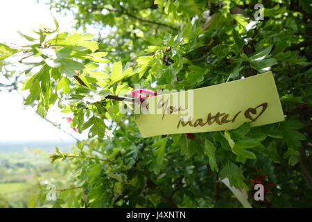 Message spirituel le long d'un sentier près de Tor de Glastonbury, Somerset, Royaume-Uni Banque D'Images