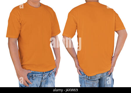 Homme portant en blanc T-shirt orange vif avec chemin de détourage, vues avant et arrière. Modèle pour insérer un logo, motif, ou des œuvres d'art. Banque D'Images