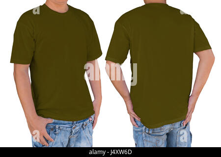 Homme portant lumineux blanc Grey T-shirt with clipping path, vues avant et arrière. Modèle pour insérer un logo, motif, ou des œuvres d'art. Banque D'Images