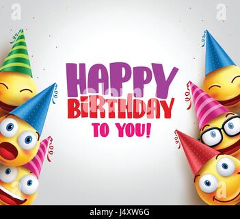 Joyeux anniversaire accueil avec un smileys vector background et funny smileys colorés portant des chapeaux d'anniversaire pour la fête et célébrations. Illustration de Vecteur