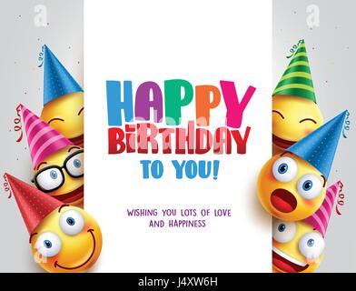 Joyeux anniversaire vector design avec smileys wearing birthday hat en blanc l'espace vide pour le message et le texte de parti et de célébration. Illustration de Vecteur