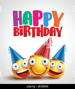 Joyeux anniversaire smileys célébrant avec happy friends, funny vector design de bannières en fond blanc avec texte en couleur. Vector illustration. Illustration de Vecteur