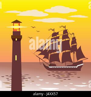 Lighthouse silhouette contre le ciel et la mer. Illustration de Vecteur