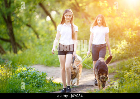 Deux smiling teenage girls walking avec ses chiens dans la région de Spring Park. Concept d'amitié historique Banque D'Images