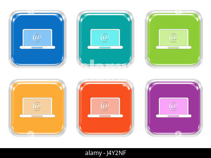 Ensemble de boutons colorés au carré avec le symbole de l'ordinateur en bleu, vert, jaune, orange et pourpre, Banque D'Images