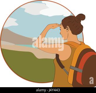 Jeune femme de marcher seul sur un sentier de montagne. fille regarde un horizon. Le voyage d'aventure. vacances d'été. dans le monde Illustration de Vecteur