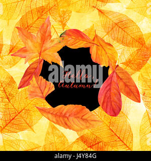 Bonjour, l'automne avec les feuilles d'automne dynamique, jaune et orange. Un modèle artistique pour une carte, dépliant, invitation ou Banque D'Images