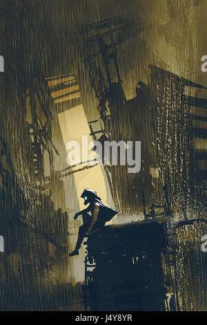 Concept de post-apocalypse le survivant assis sur l'épave d'un bâtiment dans la ville en ruines avec style art numérique, illustration peinture Banque D'Images