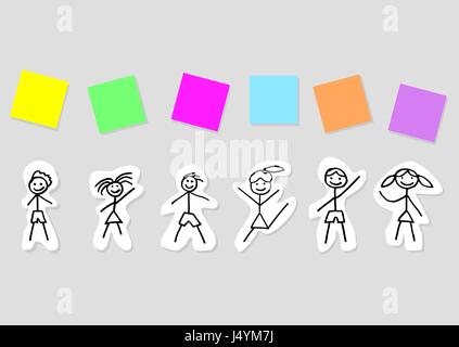 Les enfants à jouer avec des post it. Happy Children's Day. Doodle, dessiné à la main. Enfants heureux de jouer. Le style de dessin des enfants. Fond gris clair. Illustration de Vecteur