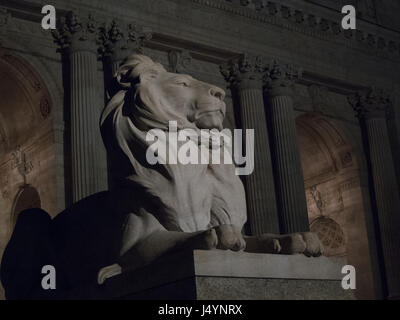 New York Public Library Lion la nuit, New York City, NY Banque D'Images