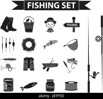 Icon Set de pêche, silhouette noire, style contour. Les objets de collection de la pêche, les éléments de conception, isolé sur fond blanc. Illustration vectorielle, clip-art. Illustration de Vecteur