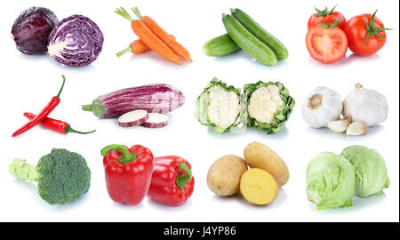 Légumes Carottes Pommes de terre tomates laitue fraîche collection isolé sur fond blanc Banque D'Images